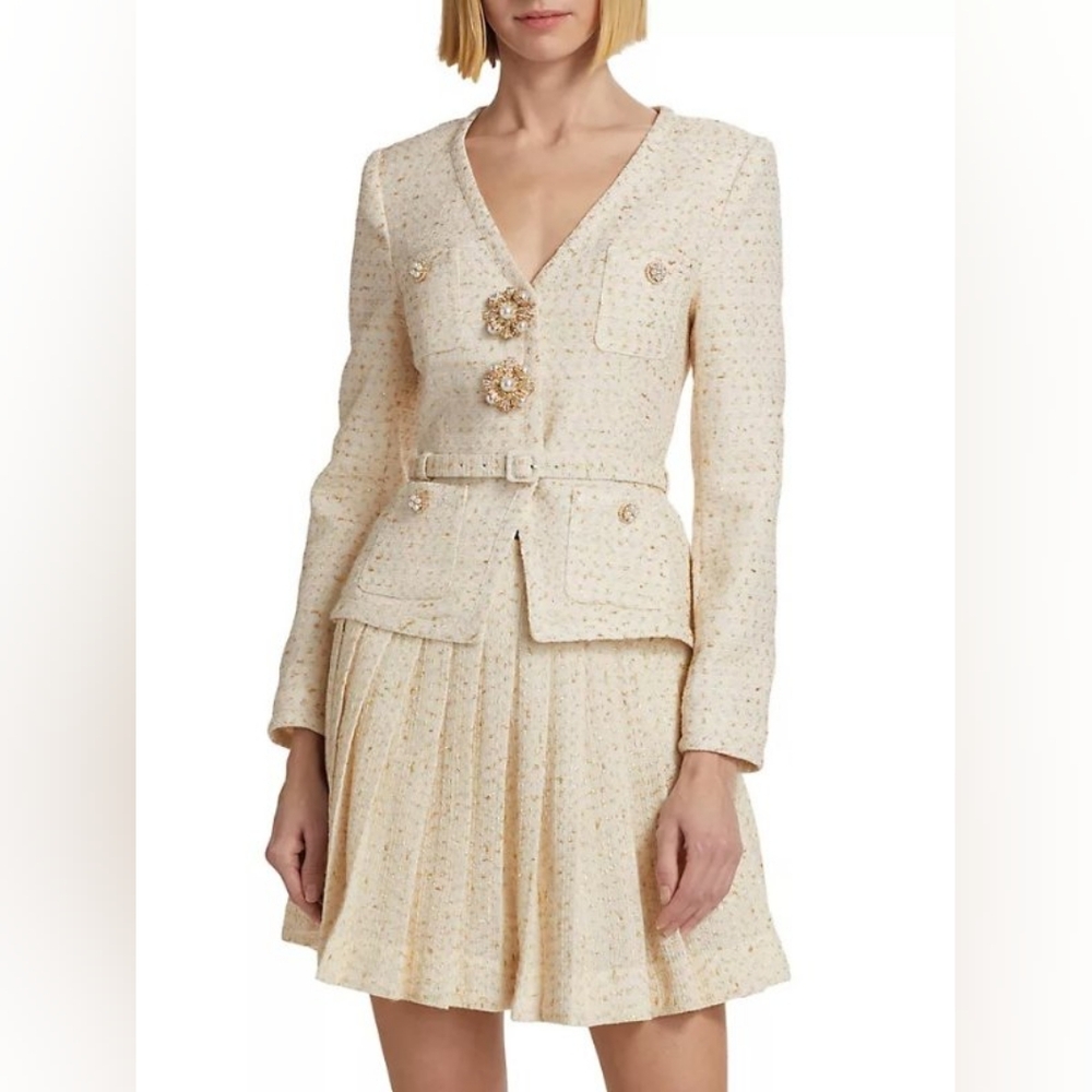 Self-Portrait Cream Tweed V-Neck Mini Dress with Belt